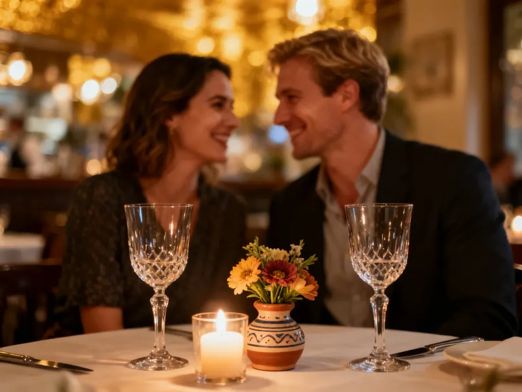 Szczęśliwa para świętująca rocznicę ślubu przy romantycznej kolacji w restauracji przy świecach.