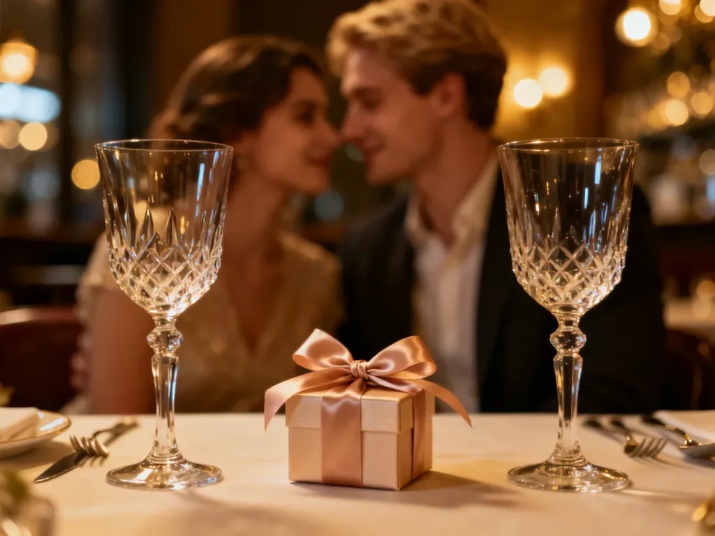 Romantyczna kolacja przy świecach z prezentem dla pary świętującej 15. rocznicę ślubu w przytulnej restauracji.