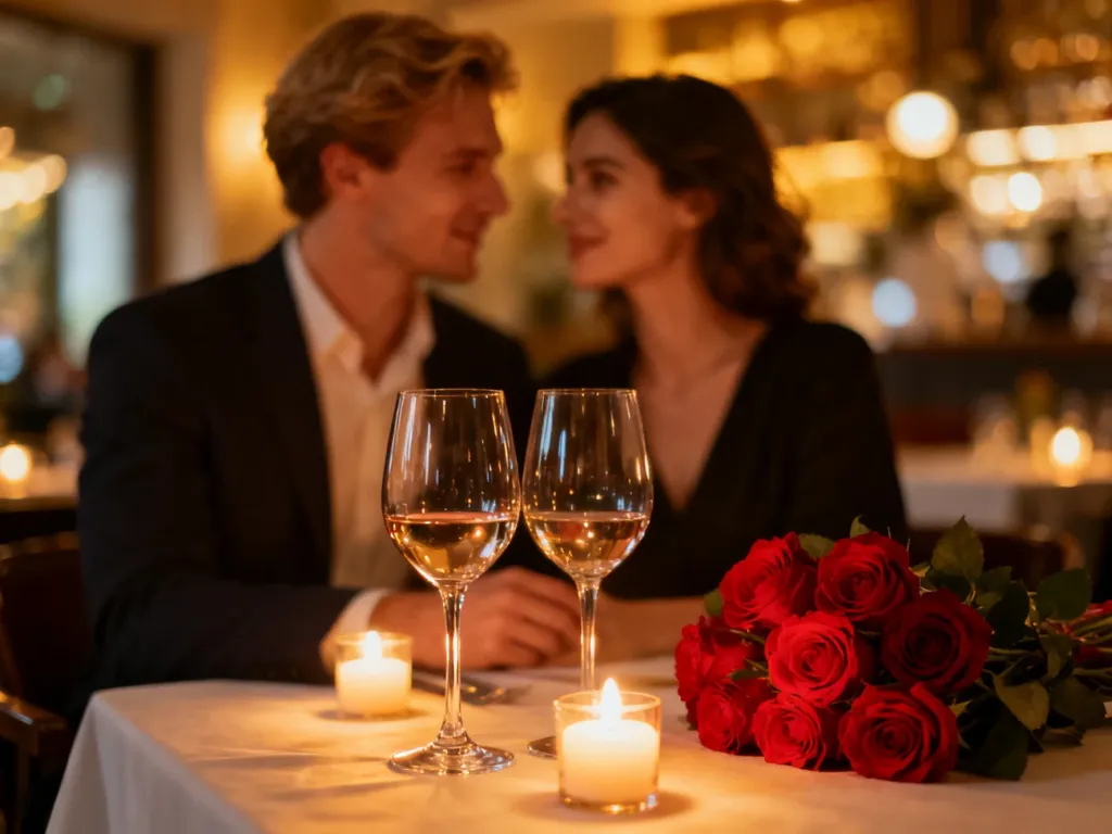 Romantyczna kolacja przy świecach z winem i różami, idealna na świętowanie 19. rocznicy ślubu w przytulnej restauracji.