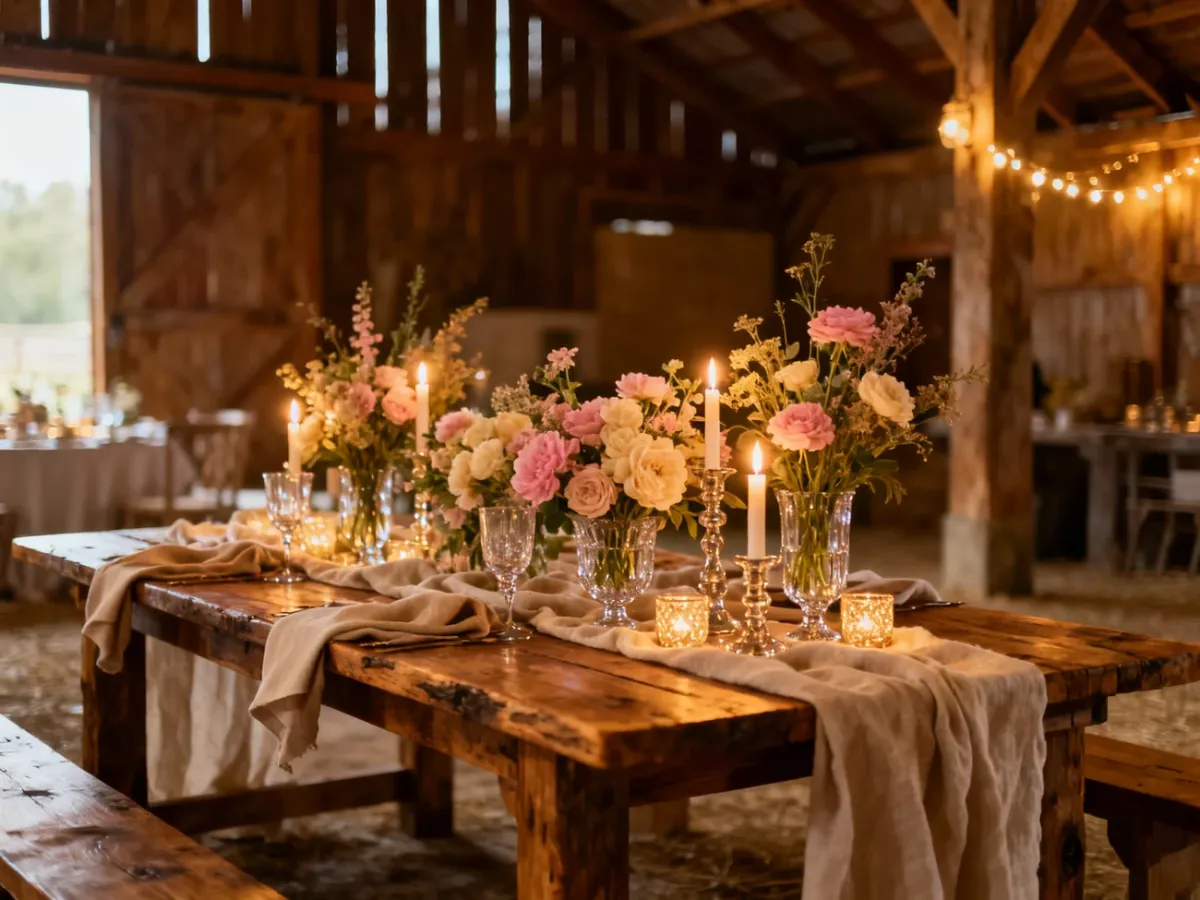 Dekoracja rustic glam łącząca drewniane elementy z kryształami i eleganckimi świecznikami
