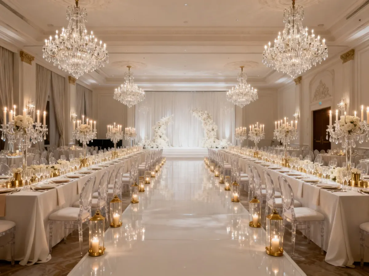 Elegancka sala weselna w stylu glamour z kryształowymi żyrandolami i złotymi dodatkami