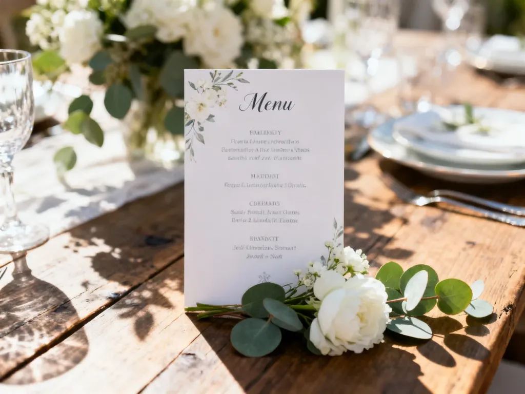 Elegancka karta menu ślubnego na drewnianym stole, ozdobiona białymi kwiatami i eukaliptusem w romantycznym stylu.