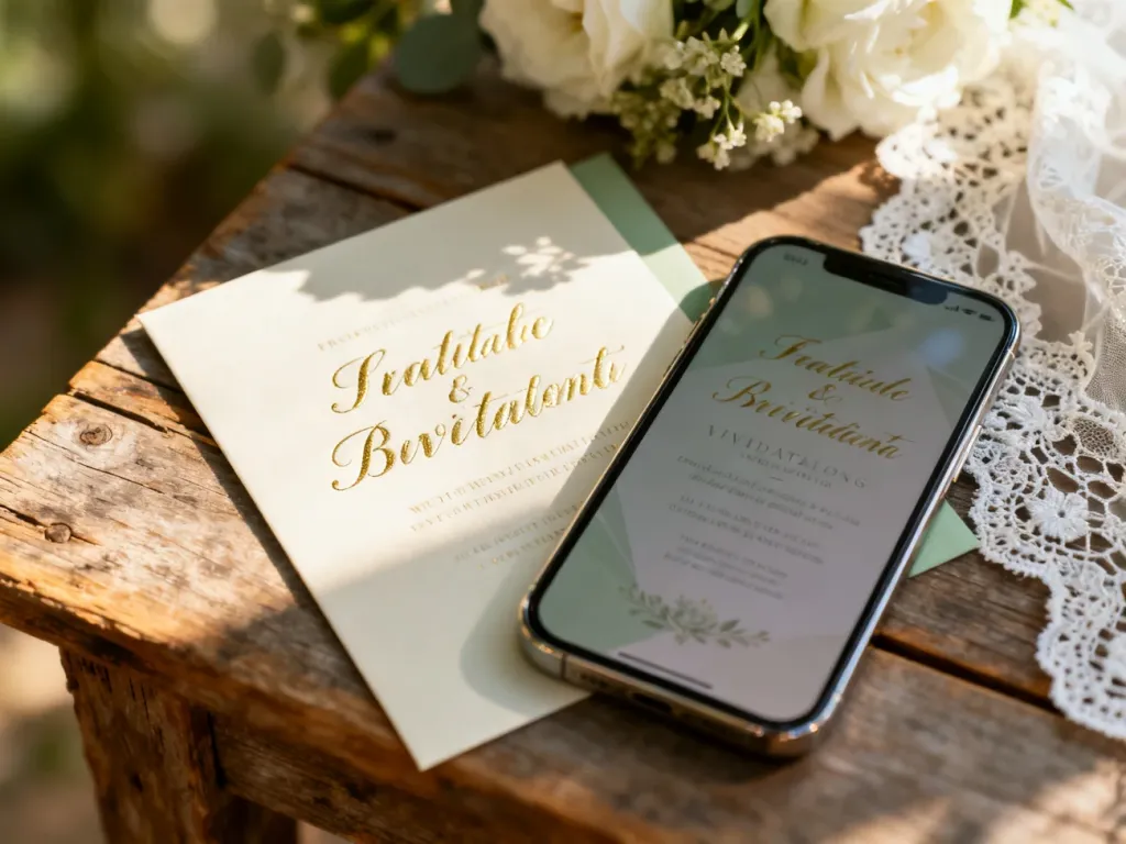 Eleganckie zaproszenie papierowe obok smartfona z wersją cyfrową na drewnianym stole, prezentujące wybór formy zaproszenia.