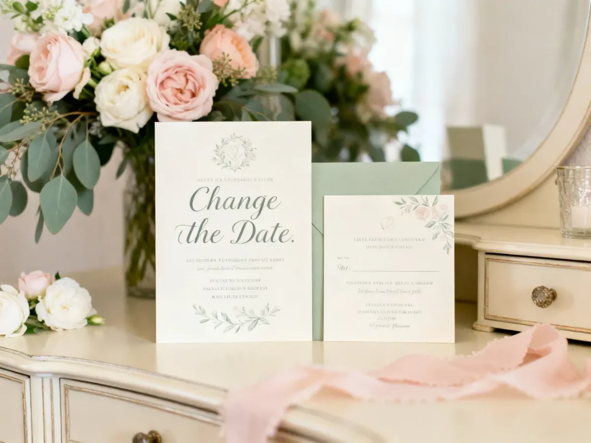 Elegancka karta Change the Date obok zaproszenia ślubnego