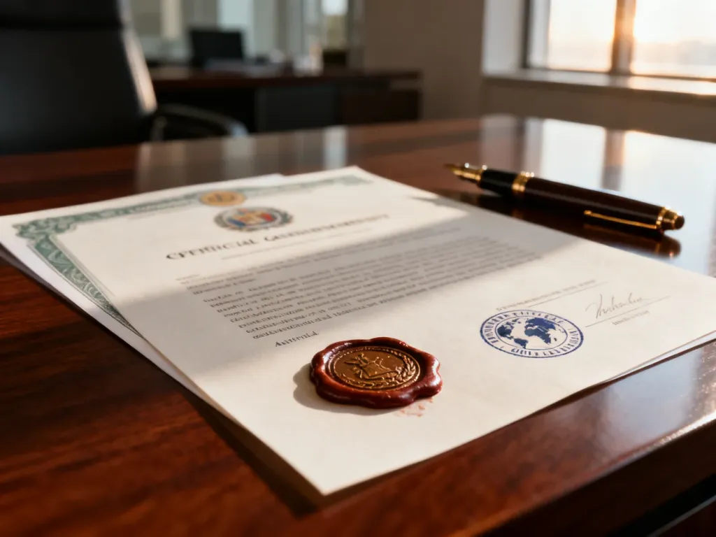 Oficjalny dokument z pieczęcią lakową i certyfikatem apostille leżący na biurku, symbolizujący proces legalizacji dokumentów.