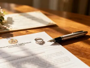 Starsza para świętująca 50. rocznicę ślubu w słonecznym ogrodzie przy kieliszkach szampana i bukiecie kwiatów.