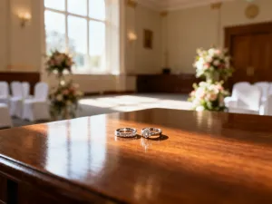 Elegancki dokument z pieczęcią i piórem na drewnianym biurku oraz obrączki w tle, symbolizujące formalności ślubne.