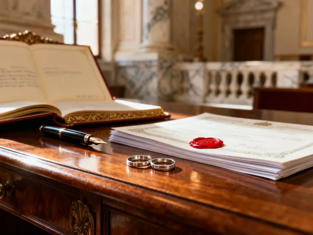 Eleganckie obrączki, pióro i dokumenty z pieczęcią na biurku w urzędzie stanu cywilnego, symbolizujące przygotowania do ślubu.