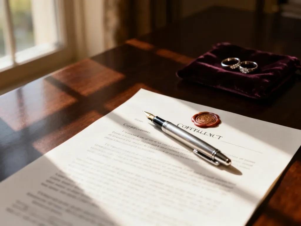 Elegancki dokument z pieczęcią i piórem na drewnianym biurku oraz obrączki w tle, symbolizujące formalności ślubne.