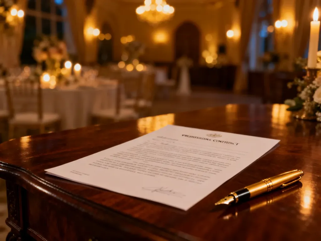 Elegancki dokument ślubny ze złotym piórem na drewnianym stole, symbolizujący formalne ustalenia przed ceremonią.