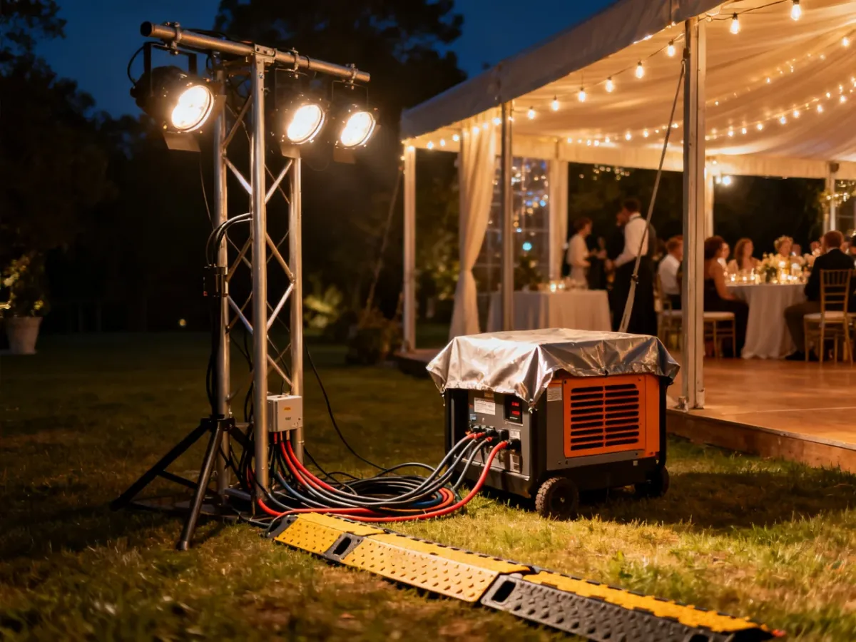 Bezpiecznie zabezpieczona instalacja oświetleniowa podczas imprezy plenerowej