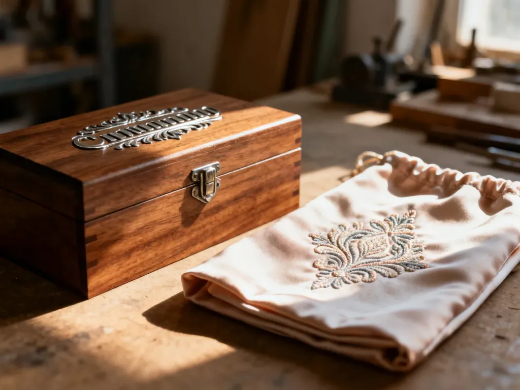 Porównanie drewnianego pudełka z grawerunkiem oraz eleganckiego materiału z haftem jako propozycje prezentowe.