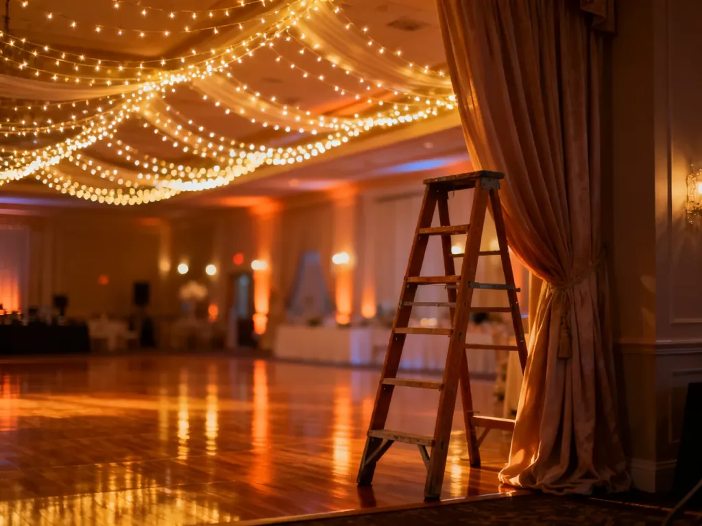 Elegancka sala weselna z girlandami świetlnymi pod sufitem oraz drewniana drabina przygotowana do ich montażu.