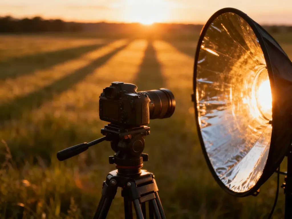 Profesjonalny sprzęt fotograficzny z blendą ustawiony na łące podczas złotej godziny, ilustrujący wykorzystanie światła naturalnego.