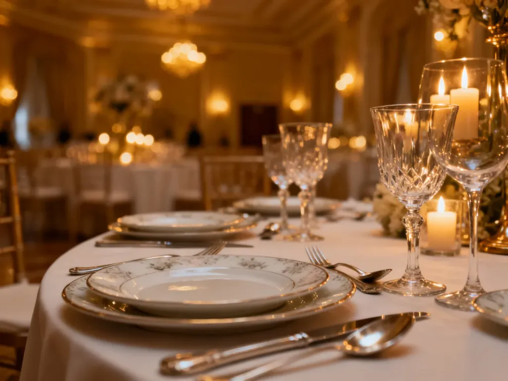 Elegancko nakryty stół weselny z porcelaną i kryształami w sali bankietowej o ciepłym, nastrojowym oświetleniu.
